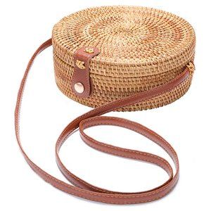Handwoven Round Rattan Bag Shoulder Leather Straps